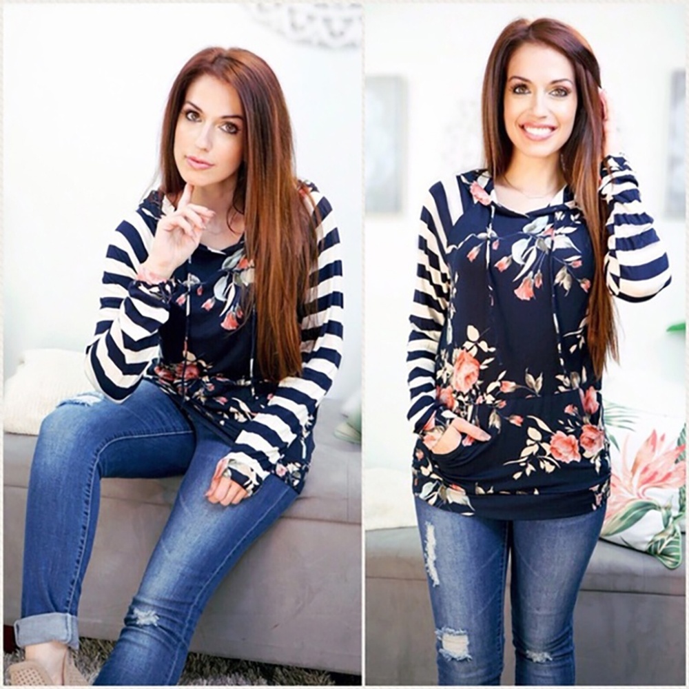 NAVY BLUE WHITE STRIPED HOODED TOP - Picture 4 of 6